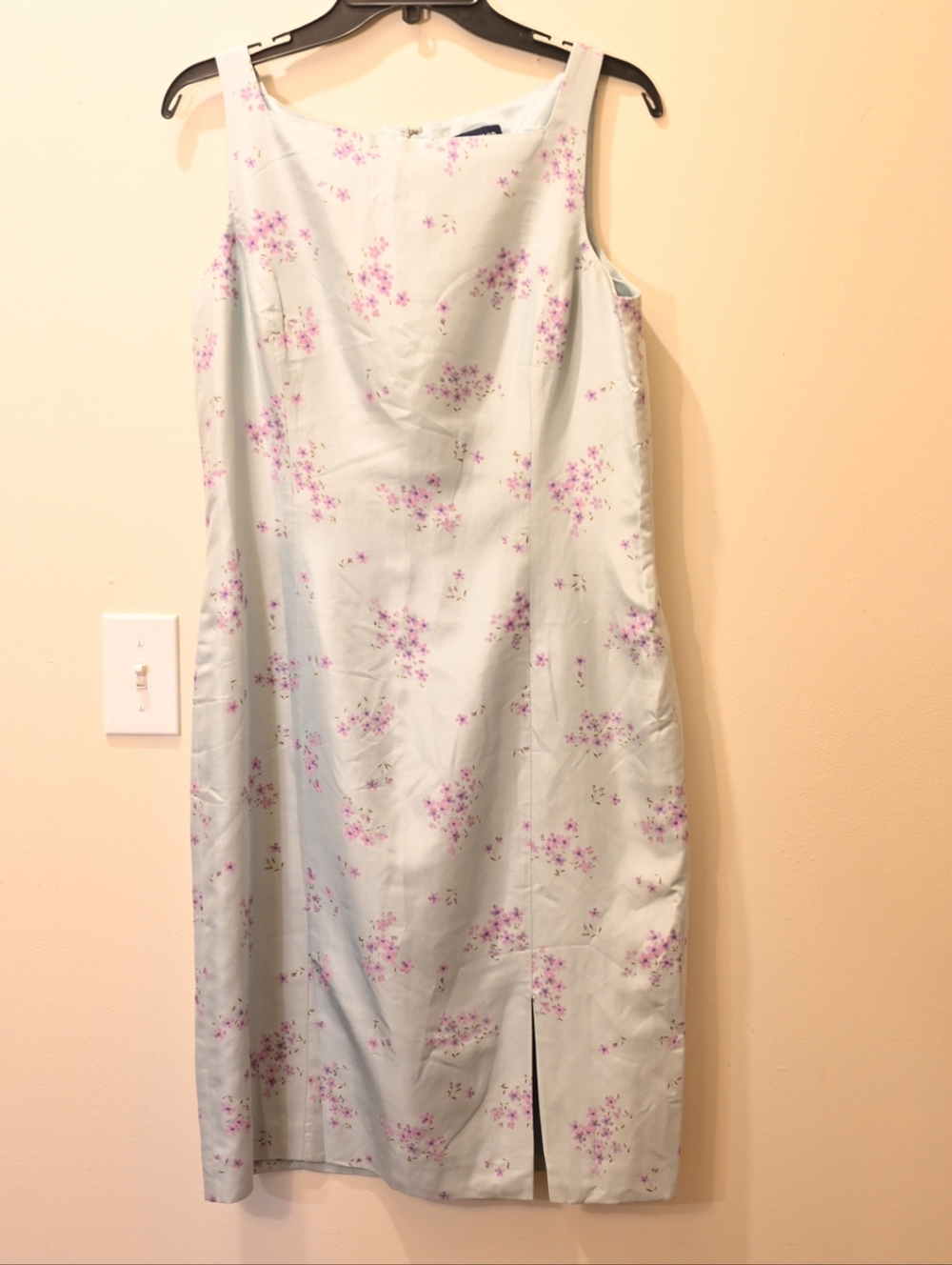 Light Blue Floral Sleeveless Silk Linen Sheath Dress with Pink Blossoms Size 12